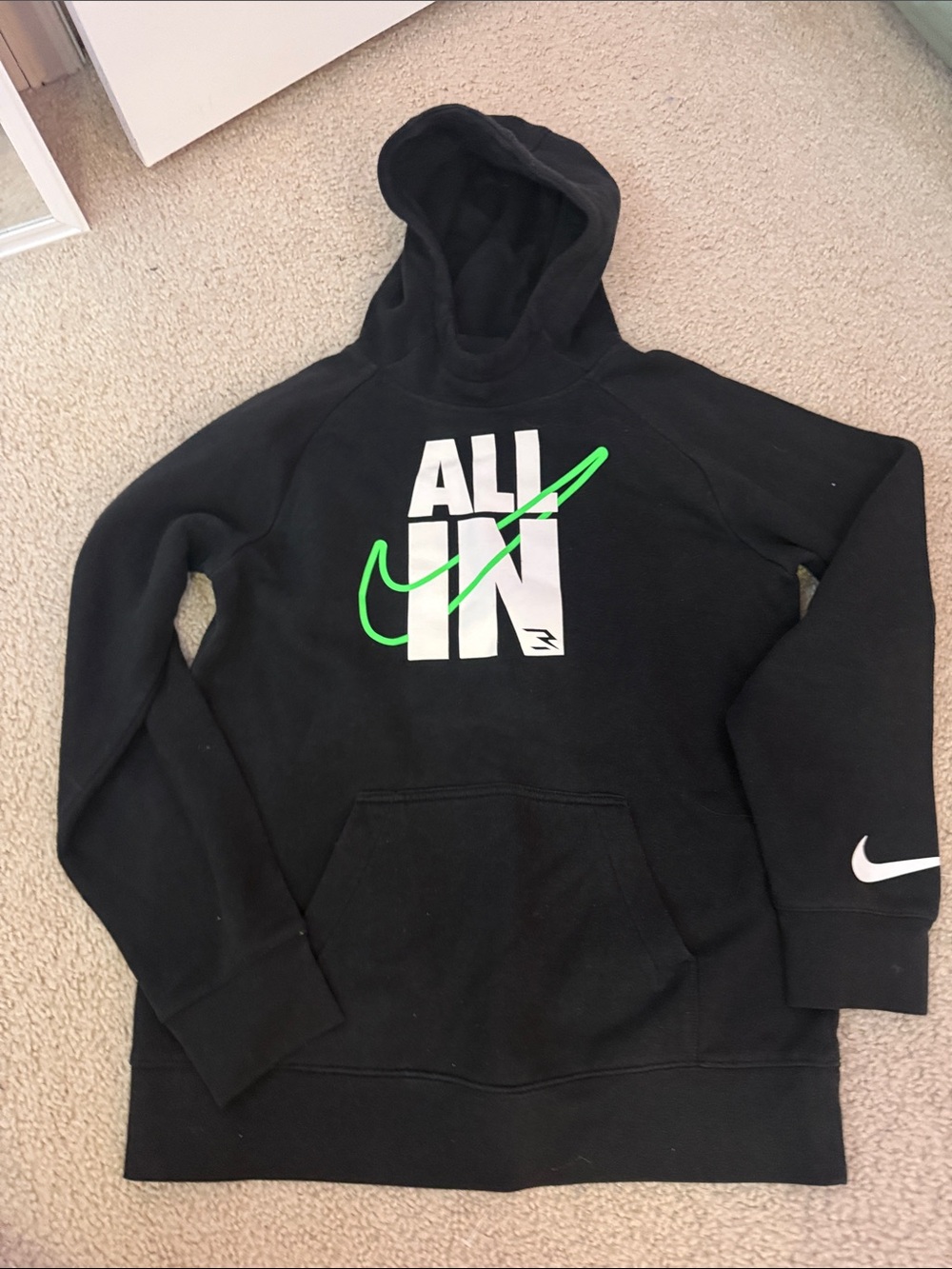 Nike Black Hoodie with White 'ALL IN' Graphic and Neon Green Swoosh